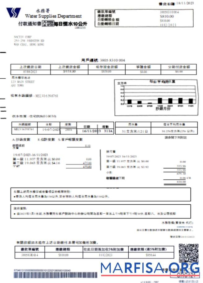 Printable Water Supplies Department utility business bill SCR example